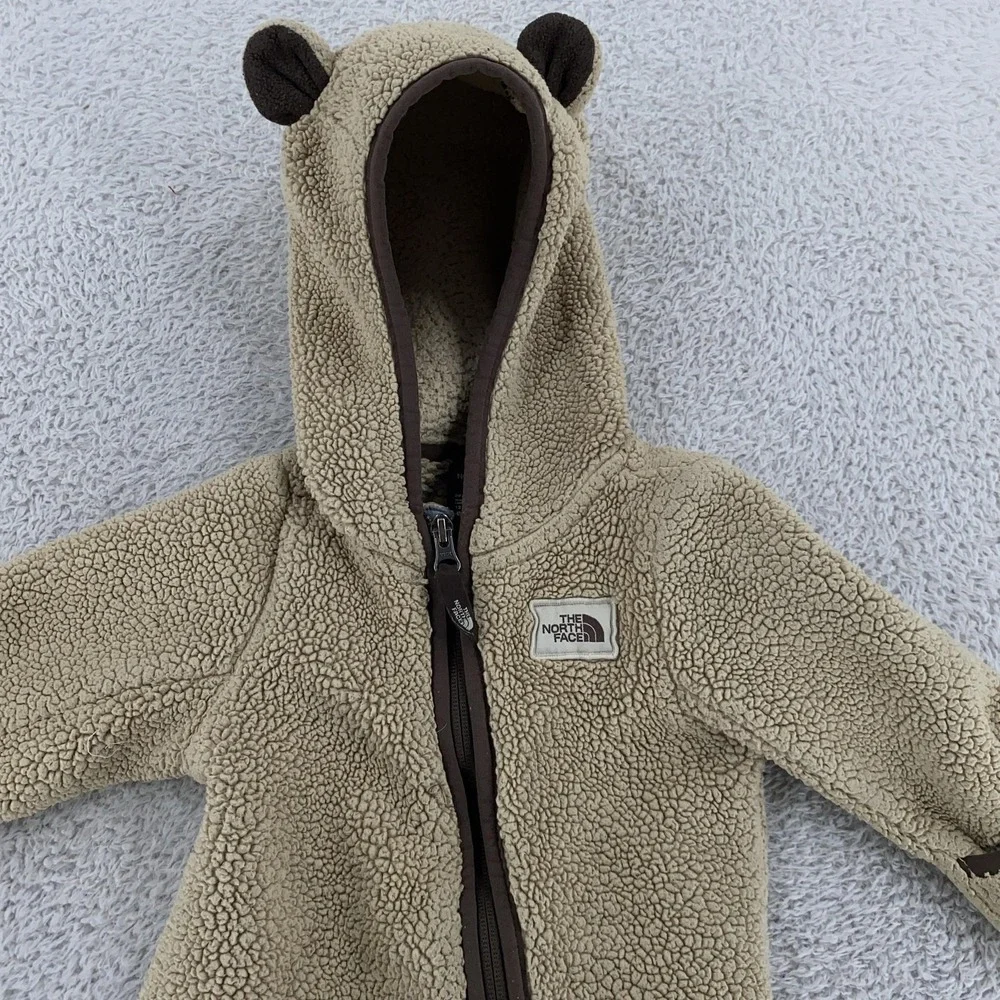 North Face Infant One Piece Suit 12-18M Brown Bear Fleece Hooded Bunting Cozy